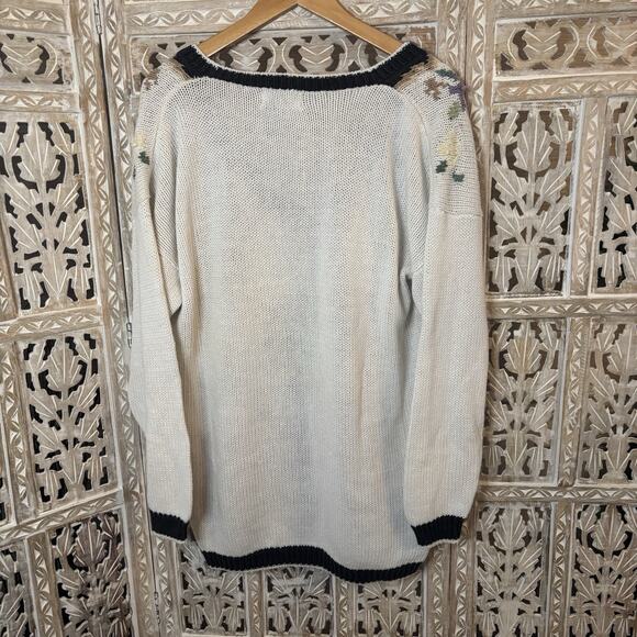 Beldoch Popper V-Neck Sweater Large Cream Whimsical Floral Cottage Granny Core - Picture 6 of 9